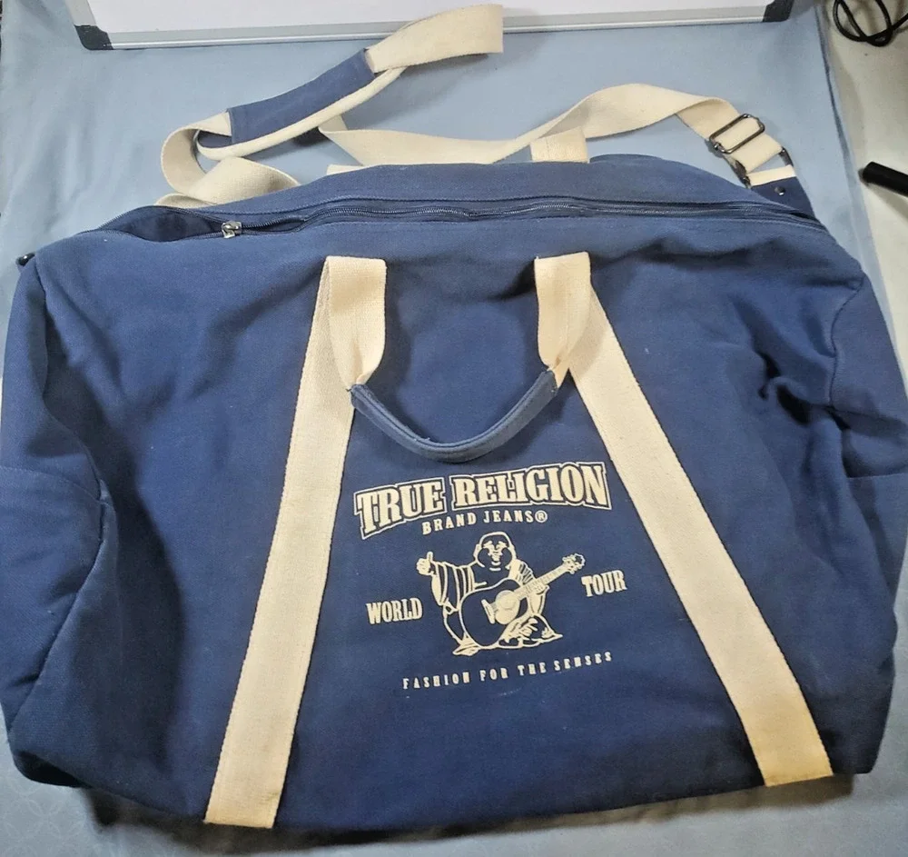 True Religion Canvas Duffle Bag Blue Cream World Tour Buddha Travel Gym Y2K